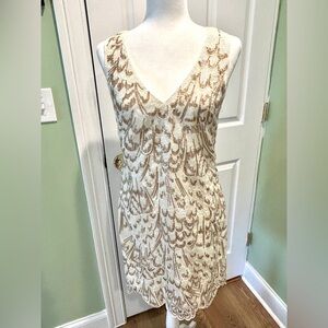 Monsoon UK Ivory Gold Cascading Sequins Shift Dress Size 4 Summer Cocktail Party
